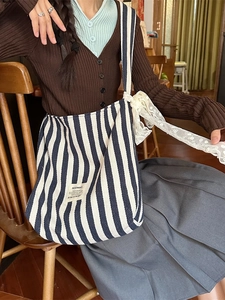 Japanese style vertical blue and white striped canvas tote with white lace bow decoration