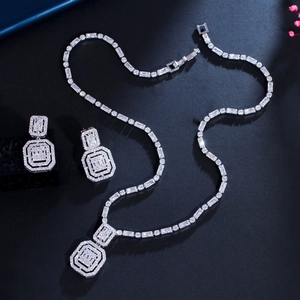 Vintage silver rectangle zircon jewelry set with necklace and earrings for brides