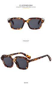 Front and side view of leopard print wavy square sunglasses with stylish gray lenses