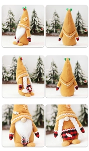 Detail of Christmas gnomes with ginger fabric hats and red plaid aprons in a winter scene