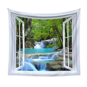 Detail of 3D window view tapestry showing realistic forest waterfall and soft polyester fabric