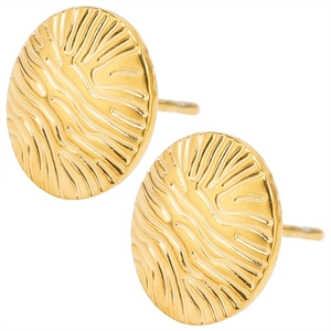 Detailed view of gold stainless steel stud earrings with unique wavy organic texture