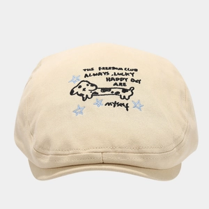 Beige cotton beret hat featuring puppy embroidery and The Freedom Club text design