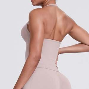 Detail of high-stretch racerback sports bra showing ergonomic seams and back contouring