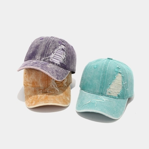 Distressed vintage washed denim baseball caps in purple, orange and blue for casual wear