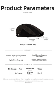 Size chart showing adjustable 56-61cm circumference and dimensions for cotton newsboy cap