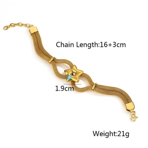 Detail showing gold mesh chain bracelet with blue evil eye star pendant and 16+3cm extension