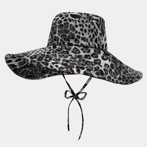 Fashionable leopard print wide brim sun hat with adjustable chin strap for outdoor protection