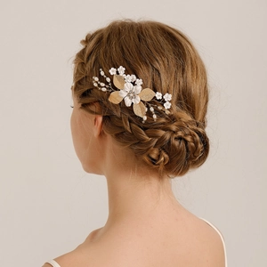 Handmade Polymer Clay Flower Bridal Hair Comb Alloy Metal Leaf Rhinestone Imitation Artificial Pearl Wedding Hair Accessory For Women Gold