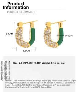 U-shaped earrings with zircon and green enamel showing dimensions of 2.0x1.5x0.4 cm