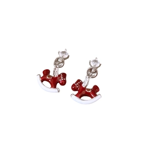 Exquisite silver needle zircon rocking horse drop earrings in red and white enamel finish
