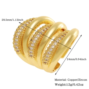 Detailed size and material specs for gold-tone zircon ring showing dimensions 28.5mm by 24mm