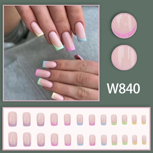 Rainbow French tip press-on nails set with 24 multi-colored macaron square fake nails