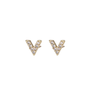 Elegant gold V-shaped stud earrings featuring sparkling zircon inlay on white background