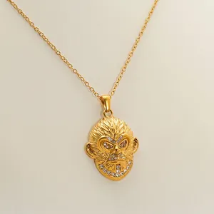 3D Sun Wukong monkey pendant necklace in 18K gold finish with sparkling rhinestones