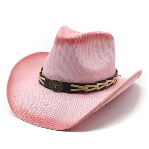 Pink gradient woven cowboy straw hat with bull head buckle and decorative band