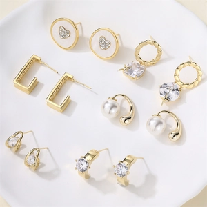 Geometric Heart Fashion Earrings Copper Zirconia Artificial Pearl Gold Plated Minimalist Accessories Women Trendy Jewelry