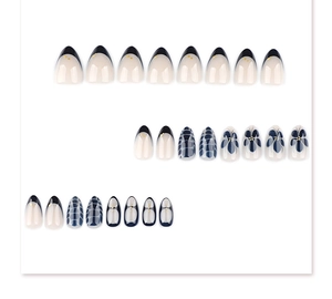 Detail of 24pcs almond press-on nails featuring blue French tips and floral patterns