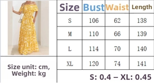 Detailed size guide table showing bust waist and length measurements for floral maxi dress