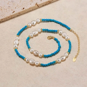 Baroque pearl and turquoise beaded necklace with S925 silver lobster clasp and extender