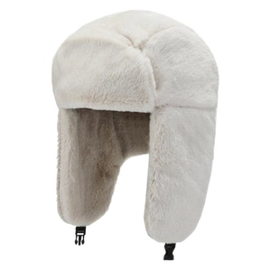 Winter thermal ushanka hat in beige faux fur with ear flaps and buckle for outdoor warmth