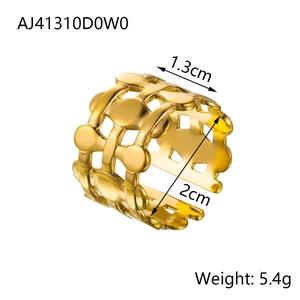 Detailed view of wide 18k gold plated stainless steel hollow mesh ring with dimensions