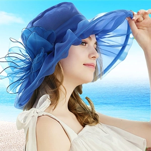 Elegant navy blue organza wide-brim sun hat with oversized flower decoration