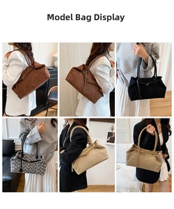 Collage of tote bags in various materials and colors worn by a model in home settings