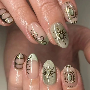 Press On Nails Sage Green Cat Eye With Gold 3D Sun Relief Bohemian Style False Nails For Women