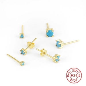 Detailed set of six turquoise stud earrings in gold plated 925 sterling silver settings