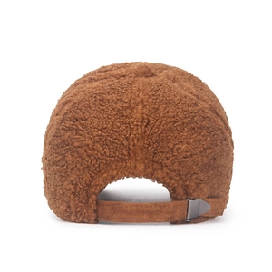 Rear view of brown plush teddy fleece baseball cap with adjustable metal buckle strap