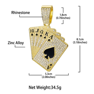 Hip hop royal flush poker hanger van zinklegering met strass steentjes op een cubaanse ketting