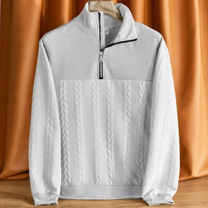 Felpa da uomo grigio chiaro con mezza zip, collo alto e dettagli in maglia testurizzata