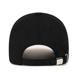 Rear view of black cotton baseball cap featuring adjustable metal slide buckle strap
