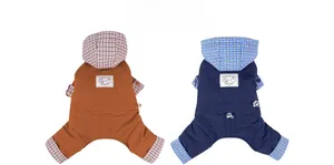 Dettagli delle tute per cani marroni e blu navy con fodera a quadri e tessuto impermeabile
