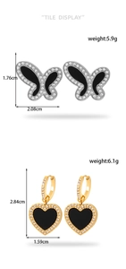 Détail des boucles d'oreilles papillon et cœur avec micro-diamants et dimensions