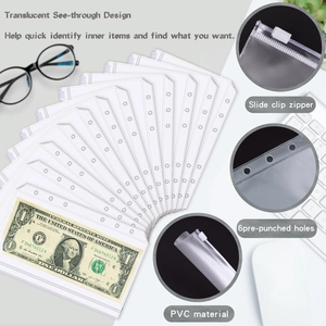 Detailed infographic of 6-hole A6 PVC cash envelopes with slide zippers for binders