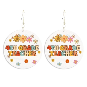 Detail of wooden 4th grade teacher earrings with retro floral print and boho style