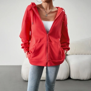 Women's casual oversized red zip-up hoodie with drawstring and fleece lining