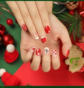 Close-up of festive Christmas short nails with Santa, snowflakes and red plaid patterns