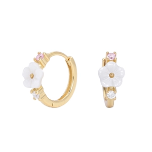 Detail of S925 silver flower hoop earrings with white petals and pink zircon accents