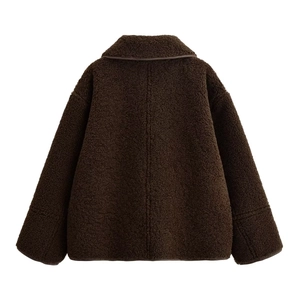 Deep brown sherpa jacket for women with high collar and cozy plush texture, back view