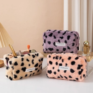 Leopard Print Plush Cosmetic Bag Travel Makeup Organizer Zipper Pouch Soft Faux Fur Beauty Toiletry Storage For Women
