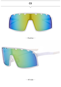 Macro detail of white frame cycling glasses with colorful gradient lens and top vents