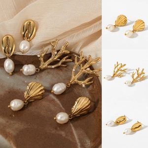 Ocean Theme Stainless Steel Earrings With Artificial Pearl Shell Coral Conch Tropical Vacation Style For Women