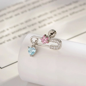 Safety Pin Ear Stud Pink Star Blue Heart Zircon Titanium Steel Cartilage Earring For Women Y2K Jewelry
