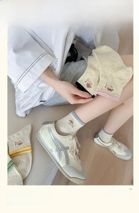 Close-up of cute puppy embroidery and colorful polka dot pattern on ankle socks