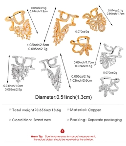 Detailed size and weight chart for copper nail rings with zircon butterfly designs