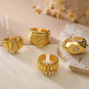 Copper Adjustable Open Rings For Women 18K Gold Plated Geometric Zircon Textured Minimalist Fashion Commuter Jewelry Gift