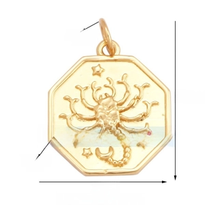 Detailed close-up of golden octagonal Scorpio pendant with relief scorpion and stars